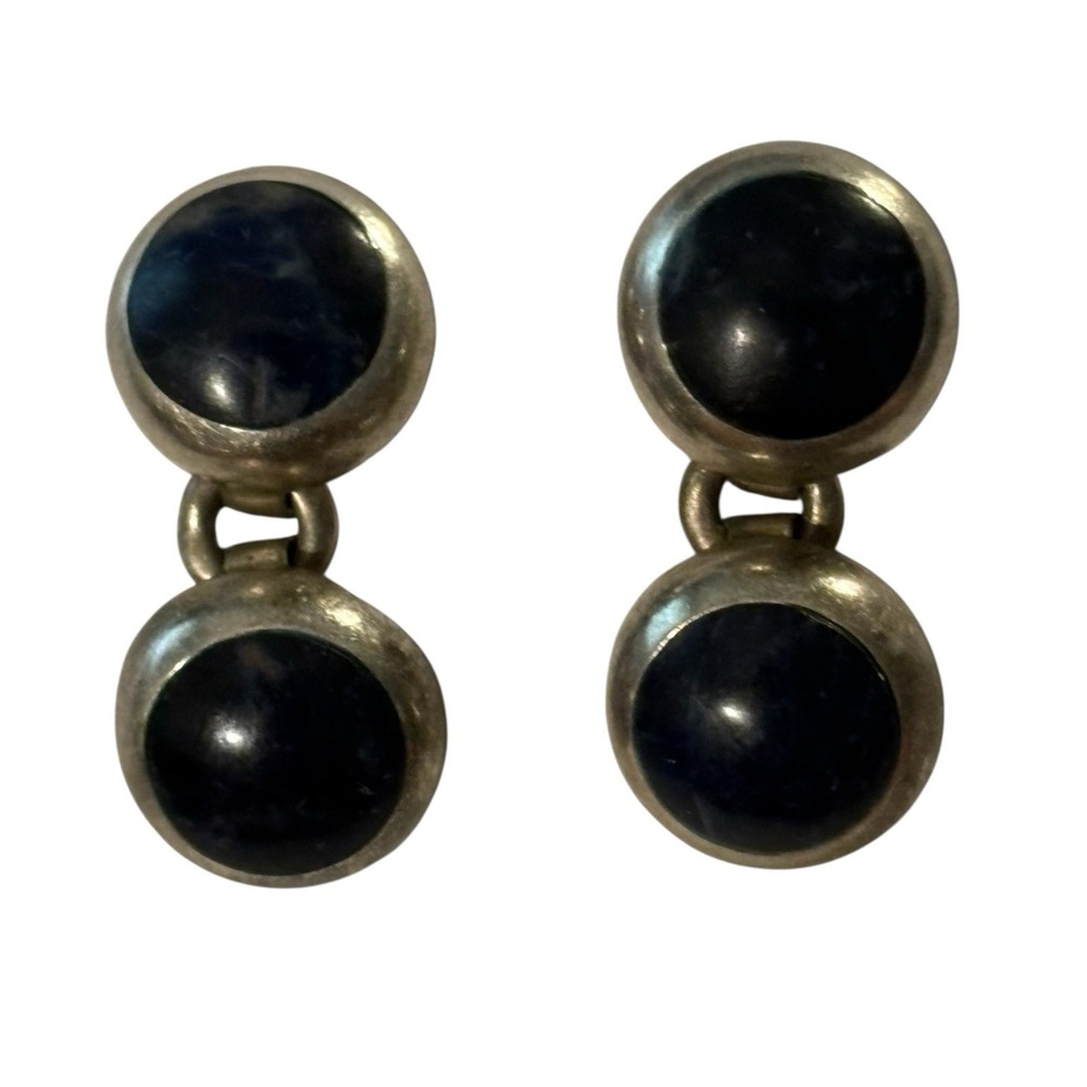 VTG Taxco Mexico Earrings Blue Sodalite Dangle Drop Sterling‎ Silver Round Post